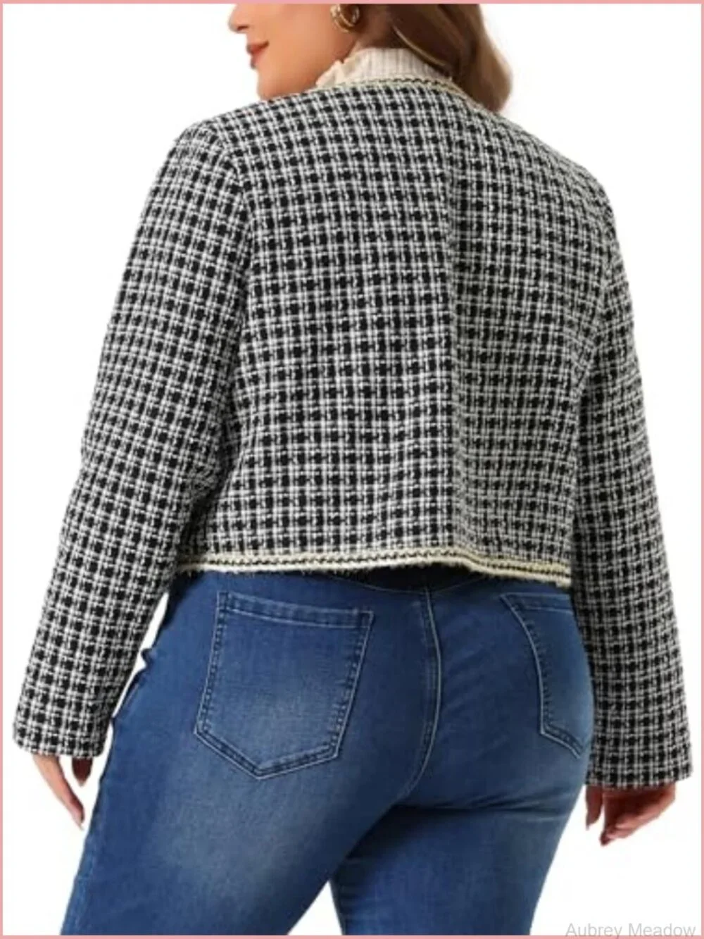 Plus Size Plaid Tweed Blazer Collarless Long Sleeve Open Front Work Jacket